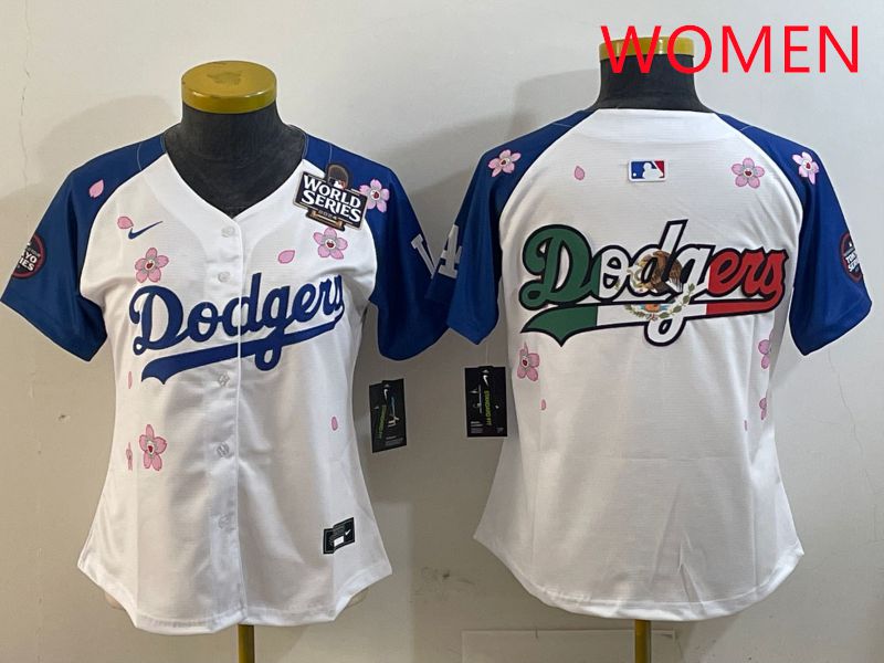 Women Los Angeles Dodgers Blank White Blue Sakura Edition 2025 Nike MLB Jersey style 9